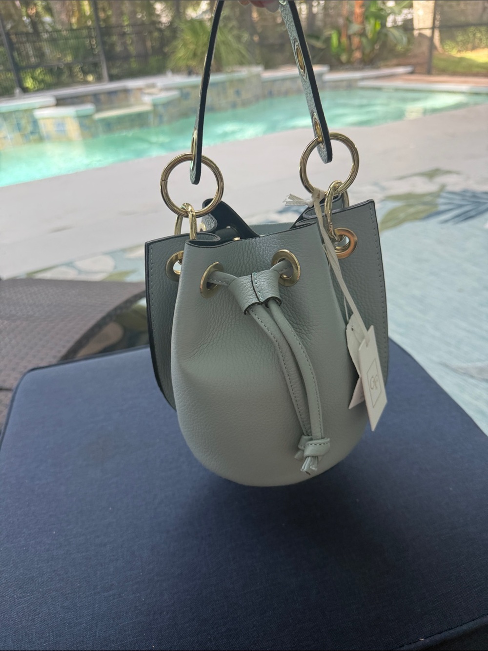 Grey Leather Drawstring Mini Bucket Shoulder Bag with Gold Ring Hardware